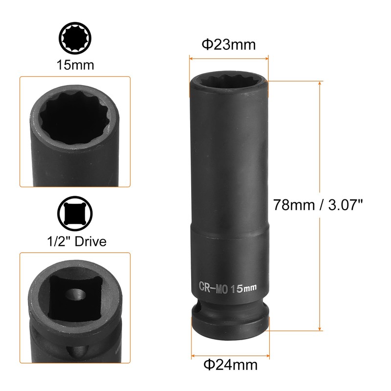 sourcing map 12-Point Deep Impact Socket 1/2 Inch Drive 15mm