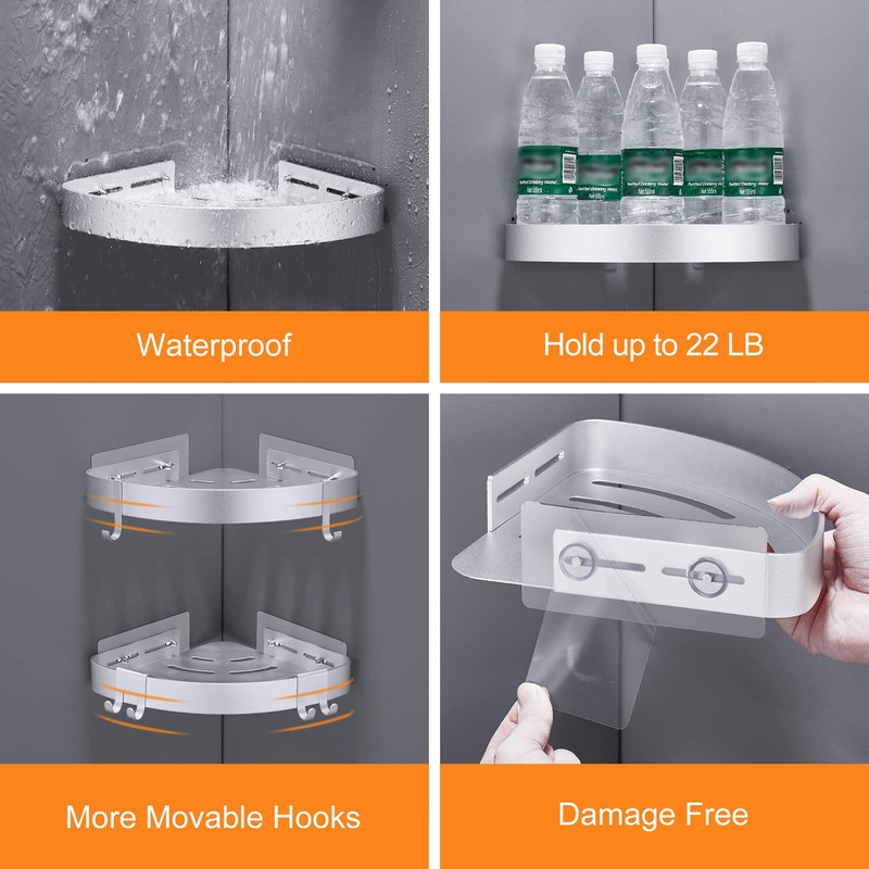 DUFU Adhesive Corner Shower Caddy with Hooks,Bathroom Shower Organizer, No