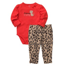 Carter's Baby Girls L/S 2-Piece Bodysuit Pant Set (12 Months, Red Leopard)