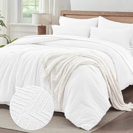 ChiXpace White King Size Comforter Set 7 Pieces - Boho Bed in a Bag for All Season, Soft Tufted Shabby Chic Comforter, Flat Sheet, Fitted Sheet, Pillowcases & Shams