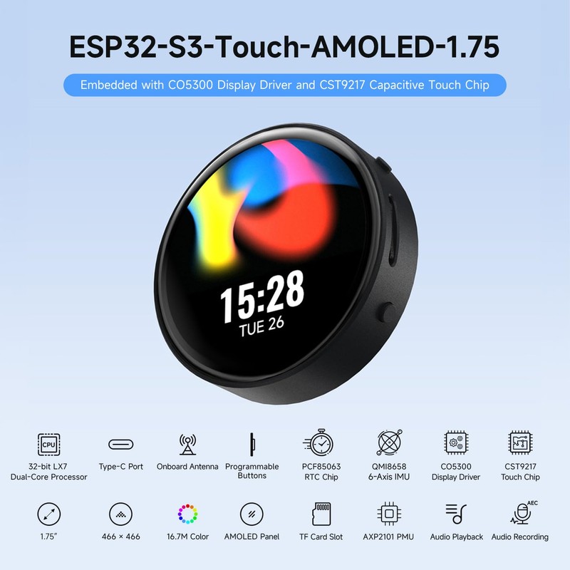 Waveshare ESP32-S3 1.75 inch AMOLED Round Touch Display Development Board
