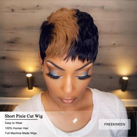 FREEKWEEN Peluca Corta De Corte Pixie Para Mujeres Negras, Cabello Humano Virgen Brasileño Real, Con Reflejos Negros Y Rubio Miel, Hecha A Máquina, Sin Pegamento, Corte Pixie Corto En Capas, Estilo 1B
