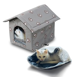 Winter Cat House for Outdoor Cats with Self Warming Sleeping Bag & Curtain, Water Resistant Warm Shelter Enclosure with Cushion Mat for Pets Dogs, Foldable Portable Tent for Feral Animals (L Grey)