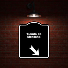 Tienda de Montaña Spanish Black Sign Arrow Down Right Aluminum Composite Sign 8.5 x 10 inches