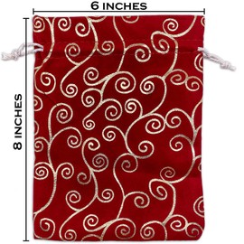 12-Pack 6x8 Red Velvet Gift Bags with Drawstring - (Gold Swirls, Medium) - Christmas Presents, Party Favors Pouches by TheDisplayGuys