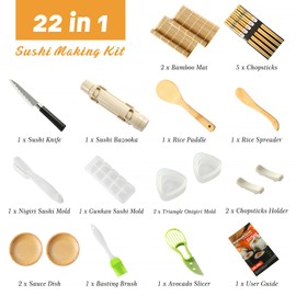 Sushi Making Kit, Delamu Upgrade 22 in 1 Sushi Maker Kit with Bamboo Mats, Chef's Knife, Triangle/Nigiri/Gunkan Sushi Mold, Chopsticks, Guide&More