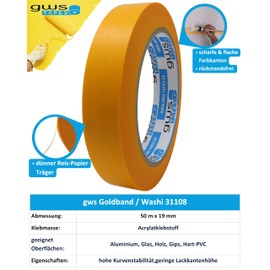gws 1 Roll of Gold Tape, Painter's Tape for Painting, Painting, Varnishing, Crafts and Much More, Painter's Masking Tape, Removable Without Residue, Thin & Stable with 50 m x 19 mm