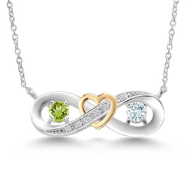 Gem Stone King 925 Silver and 10K Yellow Gold Green Peridot Sky Blue Aquamarine 2-Tone Heart Interlocking Infinity Symbol Lab Grown Diamond Pendant Necklace For Women (0.61 Cttw, with 18 Inch Chain)