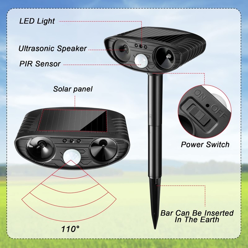 Kittmip Ultrasonic Animal Repellent Outdoor Solar Powered Repeller Cat Dog