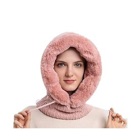 KGM Accessories New Thick Textured Faux Fur Trimmed Knitted Balaclava Hood Women Men Winter Hats (Pink)