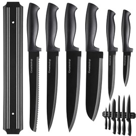 Gourmetop Kitchen Knife Set with No Drilling Magnetic Strip for Kitchen Black Titanium Small Cooking Knives, Sharp Stainless Steel Chef Knife Set for Cutting Meat & Vegetable