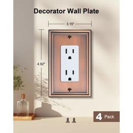 TREEWELL 4-Pack Decorator Outlet Cover Plate, Antique Copper Decorative Switch Plates and Outlet Covers, Durable Zinc Alloy Wall Plates for Electrical Outlets, Receptacle, GFCI Outlet, Dimmer Switch