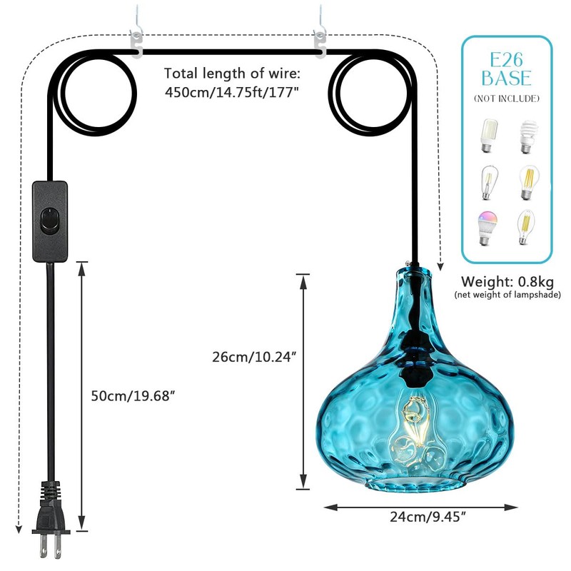 Qufute Mid-Century Modern Plug in Pendant Light Fixture,Blue Glass Pendant