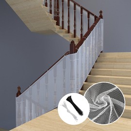 YESTOBE Safety Net, Fall Prevention, Protective Net, Thick, Width 31.1 x Length 118.8 inches (79 x 300 cm), For Stair Railings, Fall Prevention Net, For Children and Pets Stairs, Stair Net, For Balcony, Stairs, Windows, Cat Escape Prevention, Veranda, Baby Gate Net, Mounting Band Included, White