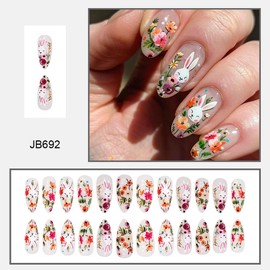 Cute Easter Press on Nails Medium Almond Flower False Nails Green Fake Nails with Rabbit Design Easter Day Nails Spring Gel Acrylic Nails Floral Glue on Nails Blossom Stick on Nails for Women 24Pcs