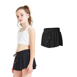 RANANIM Breathbale Girls Butterfly Shorts Kids Flowy Athletic Shorts Teen Girls Trendy Shorts with Pocket 2-in-1 (Black, L (8-10years))