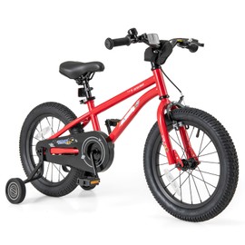 BABY JOY Kids Bike, 16 Inch Sport Bicycle for 4-7 Years Old w/Adjustable Saddle, Fully Enclosed Chain Guard, Training Wheels, Reflectors, Handbrake & Coaster Brake, Girls Boys Bike (Outer Space, Red)