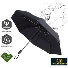 ROYALWORTH - Windproof Compact Travel Umbrella, 210T Pongee Canopy, 8 Fiberglass Ribs, 60 mph Wind Resistance, Black (Black)