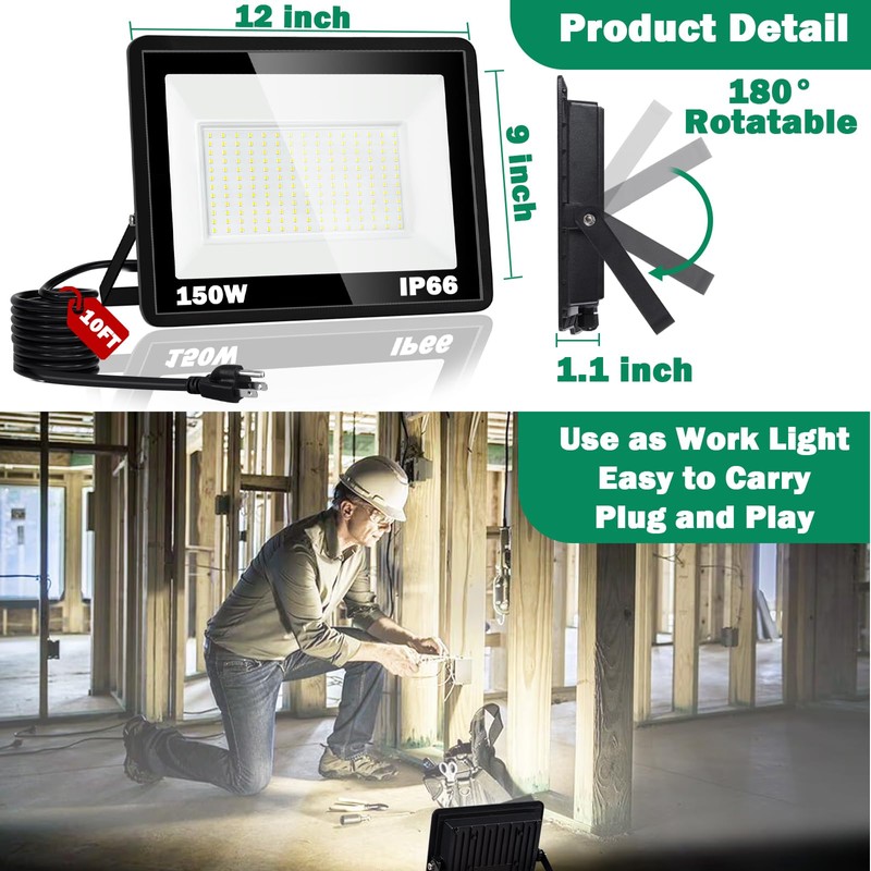 150W LED Flood Light,18000LM Floodlight with Plug,IP66 Waterproof Outdoor Lights,