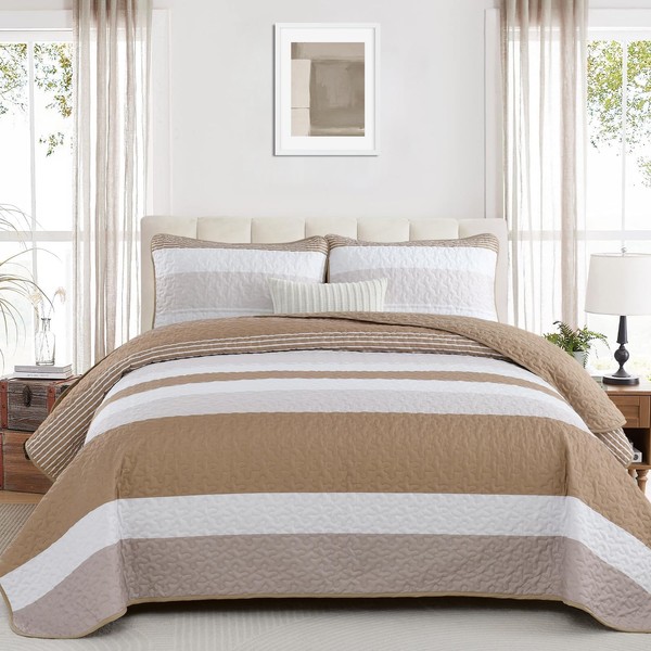 Striped King Size Quilt Set,Boho Taupe Bedding Set Lightweight Beige