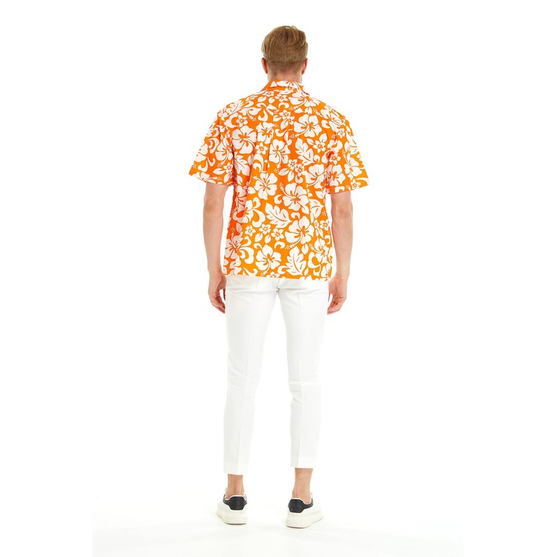 Couple Matching Hawaiian Luau Shirts, Classic Vintage Hibiscus Orange, Women,