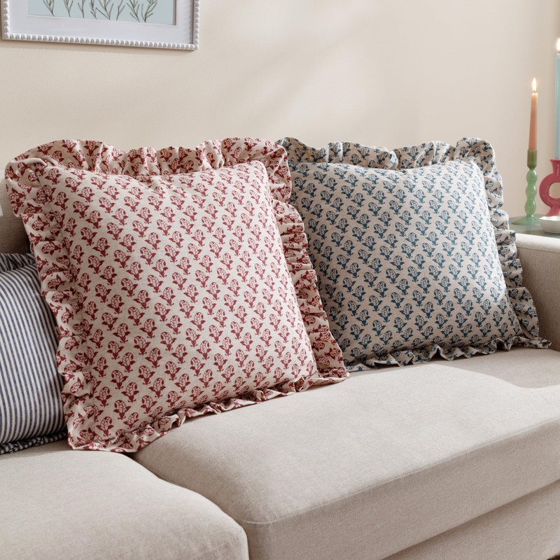furn. Lulah Block Printed Ruffle Cushion Cover - Linen/Blue -