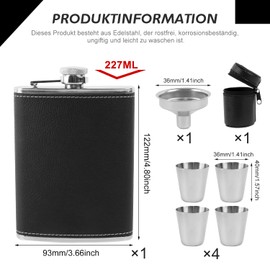 Stainless Steel Hip Flask Alcohol Bottle 8 oz Hip Flask Set Portable Hip Flask with Funnel and 4 Cups for Dads Men for Hiking Wedding Camping Climbing Picnic (Black)