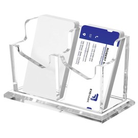 GOEDCH Acrylic Business Card Holder: Transparent Business Card Stand with 2 Compartments, Business Card Table Stand, Business Card Display Rack for Exhibition, Home, Office, Holds 100-120 Business