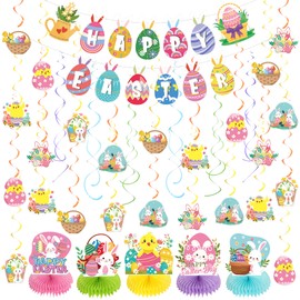 NICOWARM 48 PCS Easter Party Decorations Set Includes Easter Bunny Hanging Swirls, Happy Easter Banner for Mantle, Easter Bunny Honeycomb Centerpieces for Table, Easter Party Supplies for Home, Office