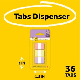 Post-it Sticky Tabs, 1 in. x 1.5 in., 3 Pads of Book Tabs in Assorted Warm Pastel Colors for Bookmarking, Annotating, Reading, and Reminders, Orange, Yellow, and Purple Colors (36 Total Count)