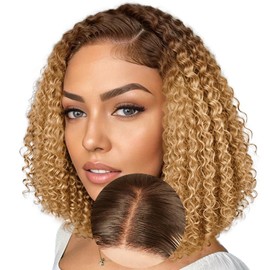 XNJ Honey Blonde Curly Bob Lace Front Wig 13X4 T527 Short Curly Wig Human Hair Blonde Ombre Deep Wave Wigs 150% Density Pre Plucked Brown Root Curly Bob Wig 10Inch