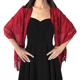 NiceYnn Women Floral Lace Scarves 179cm Soft Mesh Fringe Wrap for Wedding Cape Evening Party Large Size Lightweight Warm Scarves Dark Red One Size, darkred