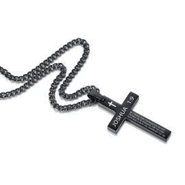 REVEMCN Inspirational Bible Verse Cross Necklace for Men Boys, Stainless Steel Plain Black Silver Cross Pendant Necklace for Men 20-24 Inches Curb Chain Faith Jewelry Gift (JOSHUA 1:9 - Black, 22)