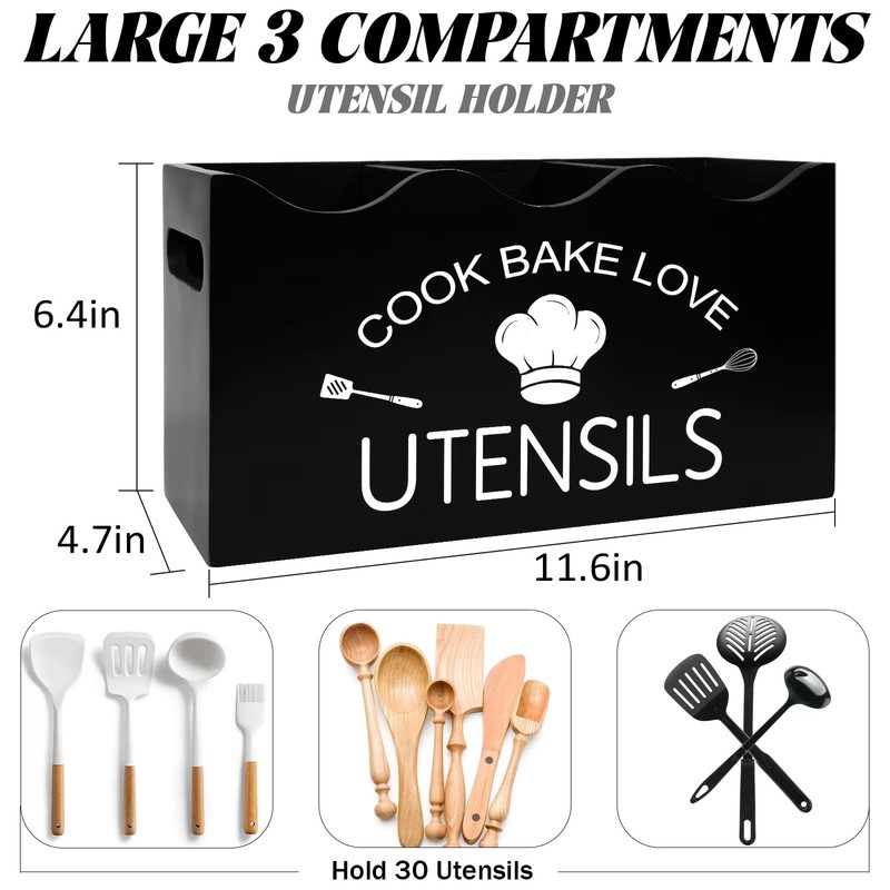 LYRIMEAI Large Utensil Holder for Kitchen Counter, 3 Compartment Solid