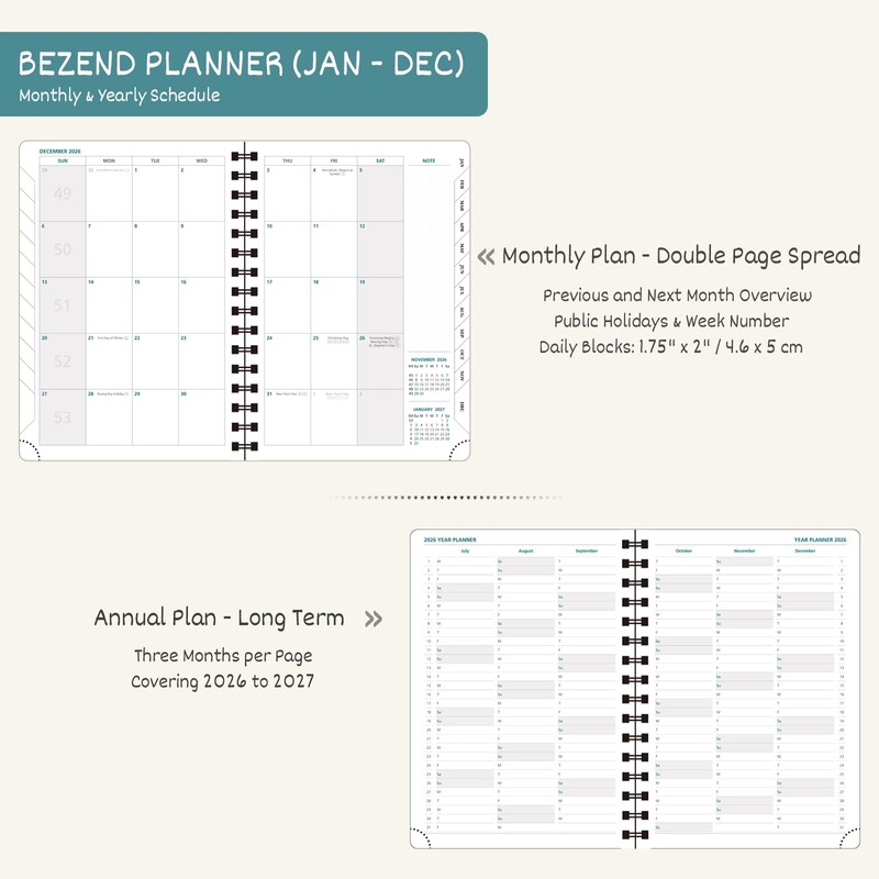 BEZEND 2026 Planner Weekly and Monthly (8.5" x 11" Spiral)