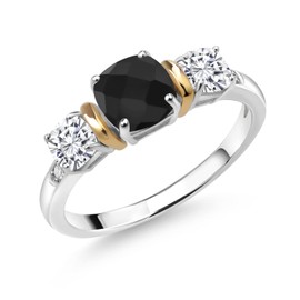 Gem Stone King 925 Sterling Silver and 10K Yellow Gold Black Onyx White Moissanite and White Diamond 3-Stone Women Ring (1.58 Cttw, Gemstone Birthstone, Size 5)