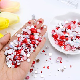 Briskbloom 60g Mix Flatback Pearls and Flatback Rhinestones for Crafts, 3620PCS Red White Pearl Rhinestones for Nails Face Art Tumblers, Jelly Rhinestones and Half Pearls, with Tweezers Wax Pen