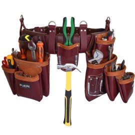 Fueri Heavy Duty 19-Pocket Maroon Leather Tool Belt, Multipurpose Work Organizer Pouch/Bag for Carpenter, Construction, Handyman, and Electrician – Fat Lip Tool Holder.