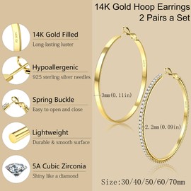 Kakonia 2 Pairs 14K Gold Hoop Earrings for Women Hypoallergenic Sterling Silver Big Large Gold Hoops Set Thin Rhinestone Earrings Pack Lightweight 30/40/50/60/70mm
