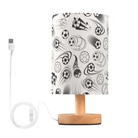 YYZZH Table Lamp Black and White Soccer Ball Sport Theme American Football Pattern Nightstand Lamp with Wood Base Fabric Lamp Shade Bedside Desk Lamp for Living Room Bedroom Kids Room Office