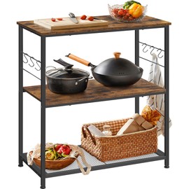 VASAGLE Bakers Rack, Kitchen Shelf, Kitchen Island, Microwave Oven Stand with 3 Open Shelves, 6 Hooks, Metal Frame, 15.7 x 31.5 x 35.4 Inches, Industrial, Rustic Brown and Black UKKI002B01