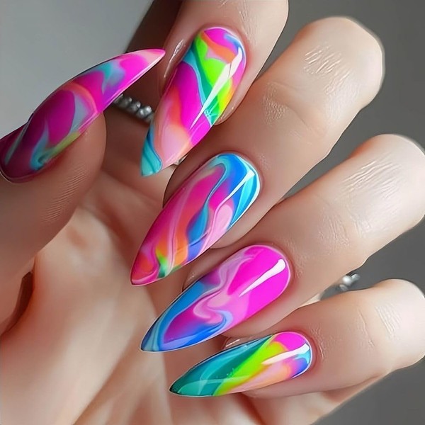 QQPPOLIU Colorful Press on Nails Long Fake Nails Stiletto False