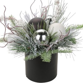 Briful 10 Inch Mini Christmas Tree Artificial Potted with Holly Pine Snowy and Black White Silver Xmas Balls Christmas Arrangements Centerpieces Ornaments Table Top Decor in 4.7'' Black Ceramic Pot