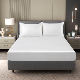 Counfeisly 2 Pieces Satin Twin XL Fitted Sheet & Pillowcase Set, Luxury Silky Soft Satin Bed Sheets with 1 Deep Pocket Fitted Sheet - 16" Deep Pocket Sheets, 1 Pillowcase, White