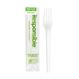 Responsible Products 6.75" Forks Individual Wrap, Certified Compostable Utensil Cutlery Kits, Tree-Free, Made Without PFAS, White (750 Count)