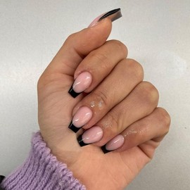 Black Press on Nails, KQueenest French Tip Press on Nails Medium Short Coffin, Natural French Fake Nails Press ons Medium Ballerina, Glue on Nails Natural, Press on Gel Nails, No Glue