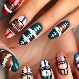 RUOKEXIN Press on Nails for Women Almond Fake Nails Medium False Nails with Rugby Designs Colorful Glue on Nails Sparkly Artificial Nails Almond Nail Press ons Cute Stick on Nails for Women 24Pcs