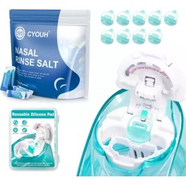 CYOUH 소금 식염수 100개 패킷 9개의 PCS 실리콘 패드 Neti Pot Sinus 비강 세척 린스 2.34g 리필 대체 CYOUH Salt Nasal Rinse Refill 100 Packets of 9g Neti Pot Sinus Cleansing Solution [100Salts+9Pads]