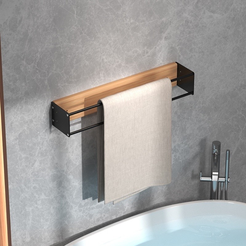 Wall-Mounted Towel Rack for Bathroom Storage – Iron & Wood