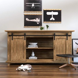 WINSOON 7FT Super Mini Sliding Barn Door Cabinet Hardware Kit for Double Doors TV Stands Small Wardrobe Cabinets, J Shape Hanger (NO Cabinet)